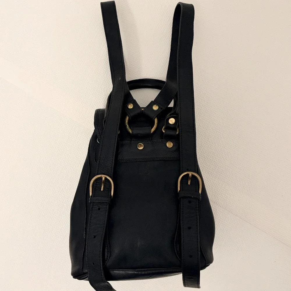Vintage Leather Mini Backpack Drawstring Buckle Small Black